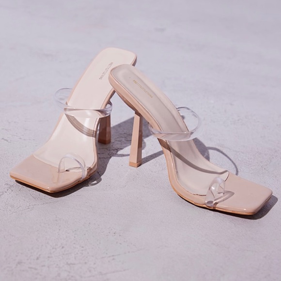PrettyLittleThing Nude Square Toe Clear Strap Heels Mules Slip On Size 6 - Picture 3 of 13